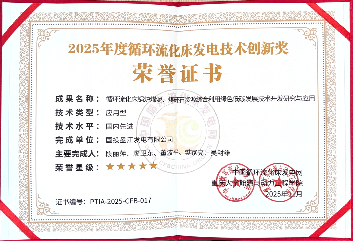 公司获得中国循环流化床发电网的循环流化床发电技术创新奖-循环流化床锅炉煤泥、煤矸石资源综合利用绿色低碳发展技术开发研究与应用